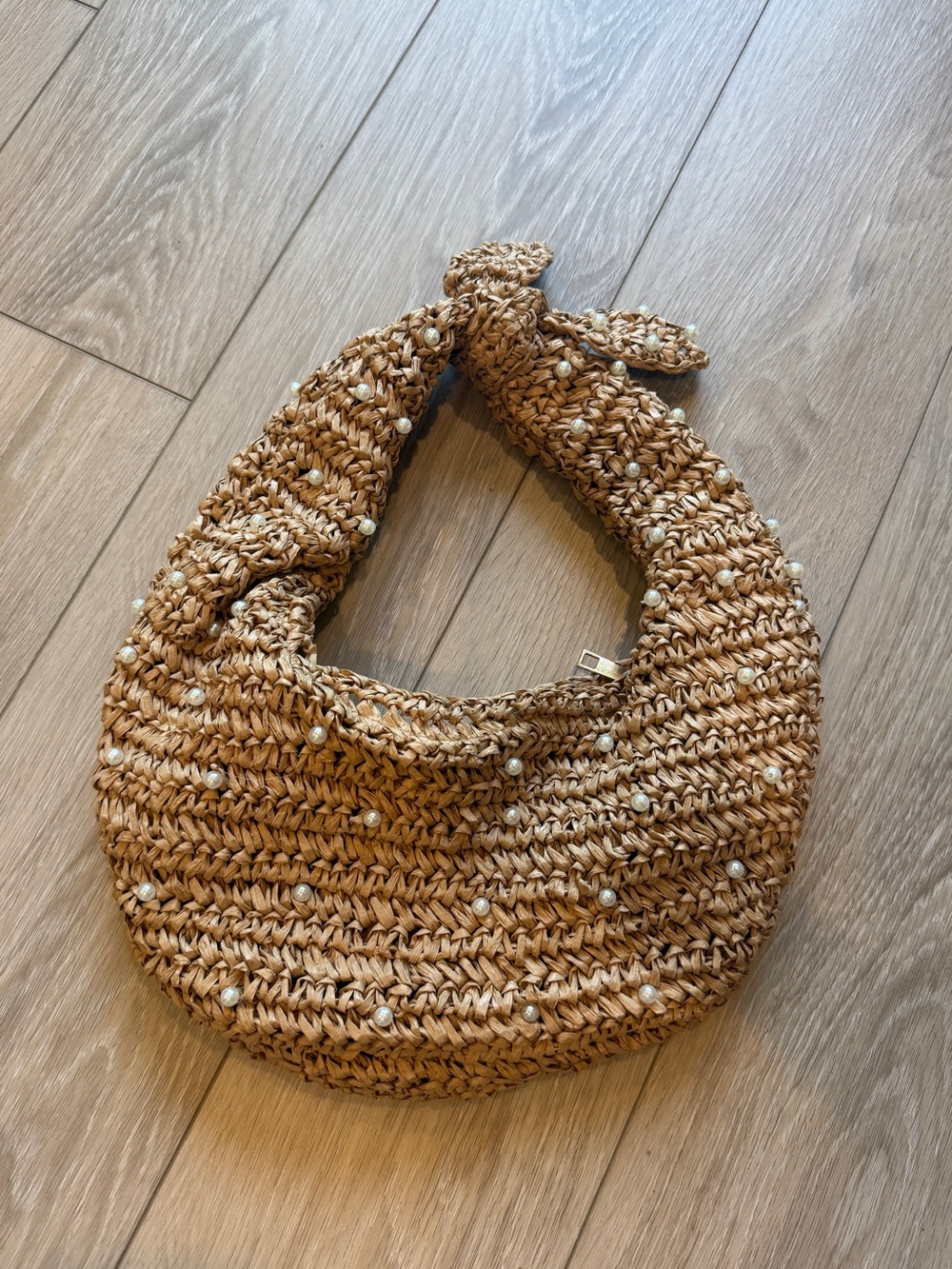 Haute Hippie Women’s Brown/Tan Woven Straw Pearl Hobo Bag Handbag Bow OS - Picture 2 of 7